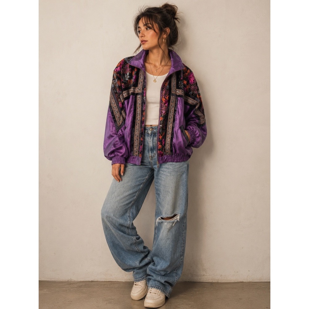On Your Mark Vintage Purple Velvet Floral Tapestry Windbreaker Jacket Large 80s